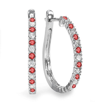 Bông tai Dazzling Rock Dazzlingrock Collection 18K Round Ruby And White Diamond Ladies Hoop Earrings
