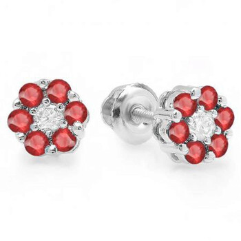 Bông tai Dazzling Rock Dazzlingrock Collection 10K Round Cut White Diamond & Ruby Ladies Cluster Flower Stud Earrings