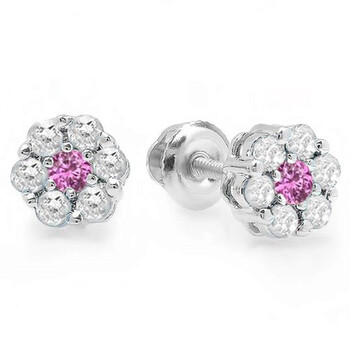 Bông tai Dazzling Rock Dazzlingrock Collection 18K Round Cut White Diamond & Pink Sapphire Ladies Cluster Flower Stud Earrings