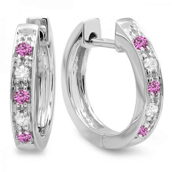 Bông tai Dazzling Rock Dazzlingrock Collection 10K Round Pink Sapphire & White Diamond Ladies Huggie Hoop Earrings