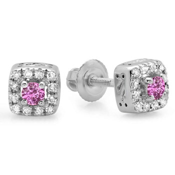 Bông tai Dazzling Rock Dazzlingrock Collection 10K Pink Sapphire & White Diamond Square Frame Halo Stud Earrings