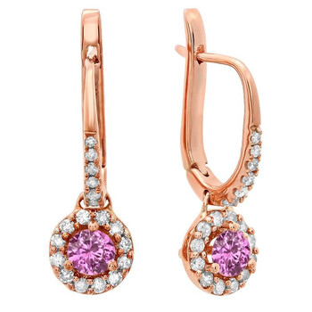 Home 2 Bông tai Dazzling Rock Dazzlingrock Collection 14K 3 Mm Each Round Pink Sapphire & White Diamond Ladies Halo Dangling Drop Earrings