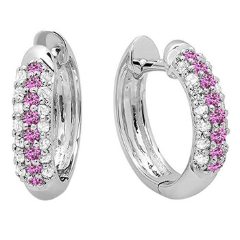 Bông tai Dazzling Rock Dazzlingrock Collection 10K Round Pink Sapphire & White Diamond Pave Set Huggies Hoop Earrings