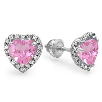 Dazzling Rock Dazzlingrock Collection 10K Heart Shape Pink Sapphire & Round Cut Diamond Ladies Halo Stud Earrings, White Gold 2 Bông tai Dazzling Rock Dazzlingrock Collection 10K Heart Shape Pink Sapphire & Round Cut Diamond Ladies Halo Stud Earrings