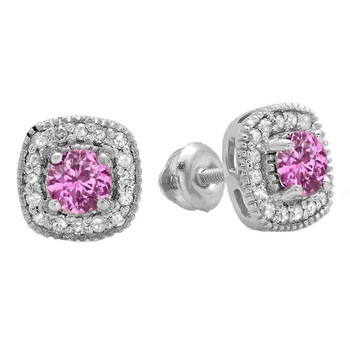 Dazzling Rock Dazzlingrock Collection 10K Round Cut Pink Sapphire & White Diamond Ladies Halo Stud Earrings, White Gold 2 Bông tai Dazzling Rock Dazzlingrock Collection 10K Round Cut Pink Sapphire & White Diamond Ladies Halo Stud Earrings