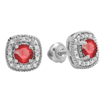 Bông tai Dazzling Rock Dazzlingrock Collection Round Cut Ruby & White Diamond Ladies Halo Stud Earrings
