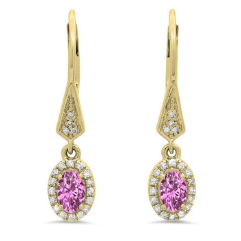 Bông tai Dazzling Rock Dazzlingrock Collection 10K Oval Pink Sapphire & Round White Diamond Ladies Halo Style Dangling Drop Earrings