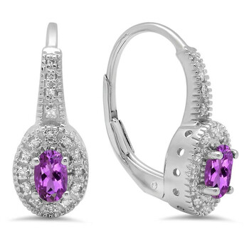 Bông tai Dazzling Rock Dazzlingrock Collection 10K Oval Cut Amethyst & Round White Diamond Ladies Halo Style Millgrain Hoop Earrings