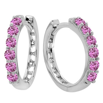 Bông tai Dazzling Rock 14K Round Pink Sapphire Ladies Huggies Hoop Earrings