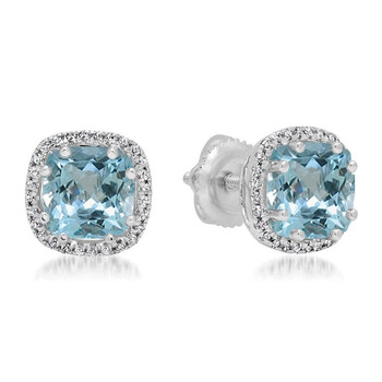 Bông tai Dazzling Rock Dazzlingrock Collection 14K Cushion Cut Aquamarine & Round Cut White Diamond Ladies Halo Style Stud Earrings