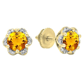 Bông tai Dazzling Rock Dazzlingrock Collection 10K Round Cut Citrine & White Diamond Ladies Flower Shape Cluster Fashion Stud Earrings