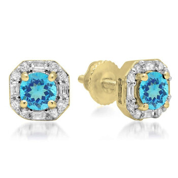 Bông tai Dazzling Rock Dazzlingrock Collection 10K Round Blue Topaz & Baguette & Round White Diamond Ladies Halo Style Stud Earrings