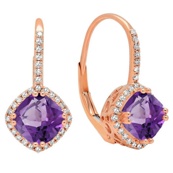 Bông tai Dazzling Rock Dazzlingrock Collection 14K 6 Mm Each Cushion Amethyst & Round Diamond Ladies Halo Style Hoop Earrings