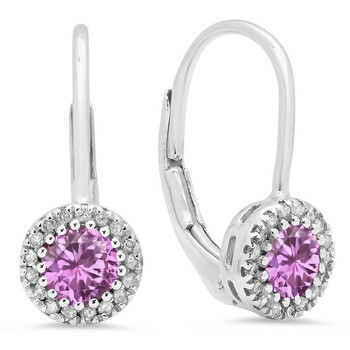 Bông tai Dazzling Rock Dazzlingrock Collection 10K Round Pink Sapphire & White Diamond Ladies Halo Style Dangling Drop Earrings