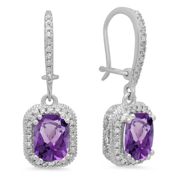 Bông tai Dazzling Rock Dazzlingrock Collection 10K Cushion Amethyst & Round White Diamond Ladies Halo Style Dangling Drop Earrings