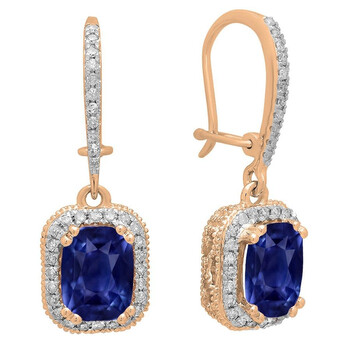 Bông tai Dazzling Rock Dazzlingrock Collection 10K Cushion Blue Sapphire & Round White Diamond Ladies Halo Style Dangling Drop Earrings