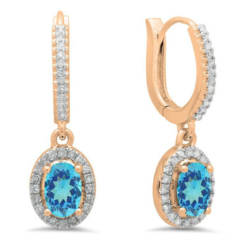 Bông tai Dazzling Rock Dazzlingrock Collection 14K Oval Cut Blue Topaz & Round Cut White Diamond Ladies Dangling Drop Earrings
