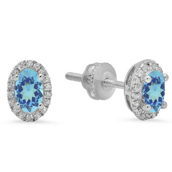 Bông tai Dazzling Rock Dazzlingrock Collection 10K Oval Cut Blue Topaz & Round White Diamond Ladies Halo Stud Earrings