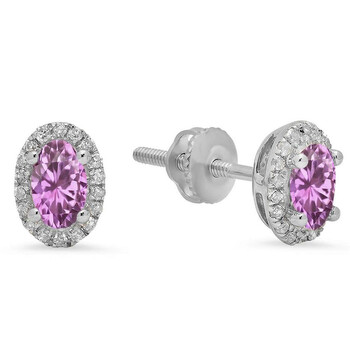 Bông tai Dazzling Rock Dazzlingrock Collection 10K Oval Cut Pink Sapphire & Round White Diamond Ladies Halo Stud Earrings
