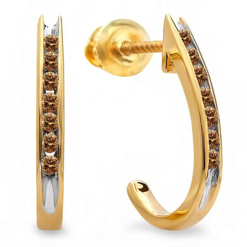 Bông tai Dazzling Rock Dazzlingrock Collection 0.15 Carat (Ctw) 10K Round Champagne Diamond Ladies Fancy J Shaped Hoop Earrings