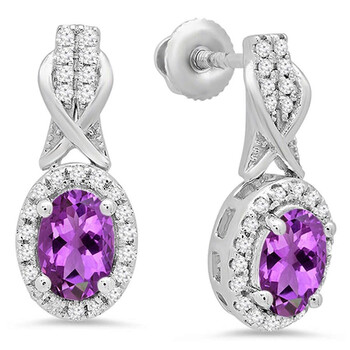 Bông tai Dazzling Rock Dazzlingrock Collection 10K Oval Amethyst & Round White Diamond Ladies Halo Style Dangling Drop Earrings