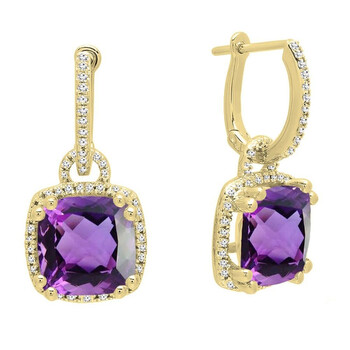 Bông tai Dazzling Rock Dazzlingrock Collection 10K 8 Mm Each Cushion Cut Amethyst & Round White Diamond Ladies Dangling Drop Earrings