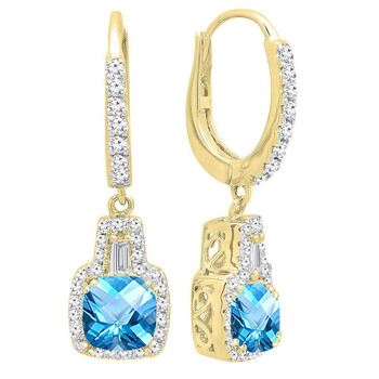 Dazzling Rock Dazzlingrock Collection 14K 5 Mm Each Cushion Blue Topaz And Tapered & Round White Diamond Ladies Drop Earrings, Yellow Gold 1 Bông tai Dazzling Rock Dazzlingrock Collection 14K 5 Mm Each Cushion Blue Topaz And Tapered & Round White Diamond Ladies Drop Earrings