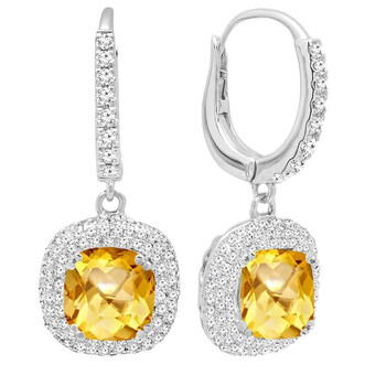 Bông tai Dazzling Rock Dazzlingrock Collection 18K 6 Mm Each Cushion Citrine & Round Diamond Ladies Halo Dangling Drop Earrings