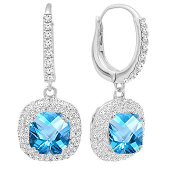 Bông tai Dazzling Rock Dazzlingrock Collection 18K 6 Mm Each Cushion Blue Topaz & Round Diamond Ladies Halo Dangling Drop Earrings
