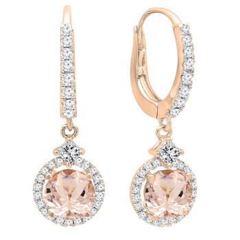 Bông tai Dazzling Rock Dazzlingrock Collection 14K 5.5 Mm Each Round Cut Morganite And Round & Princess Cut Diamond Drop Earrings