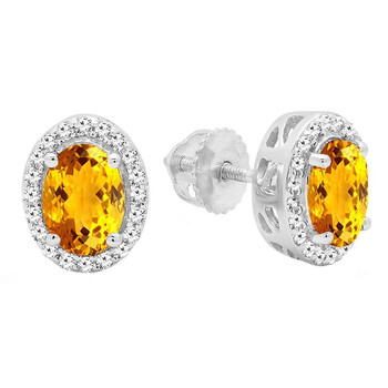 Bông tai Dazzling Rock Dazzlingrock Collection 14K Oval Cut Citrine & Round Cut Diamond Ladies Halo Stud Earrings