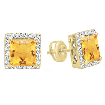 Bông tai Dazzling Rock Dazzlingrock Collection 18K 7 Mm Each Princess Citrine & Round White Diamond Ladies Stud Earrings