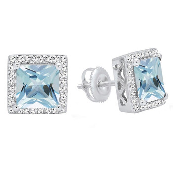 Bông tai Dazzling Rock Dazzlingrock Collection 14K 7 Mm Each Princess Aquamarine & Round White Diamond Ladies Stud Earrings