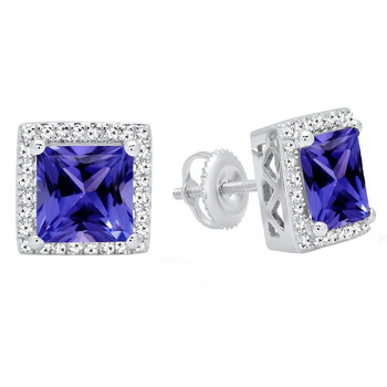 Bông tai Dazzling Rock Dazzlingrock Collection 14K 7 Mm Each Princess Tanzanite & Round White Diamond Ladies Stud Earrings