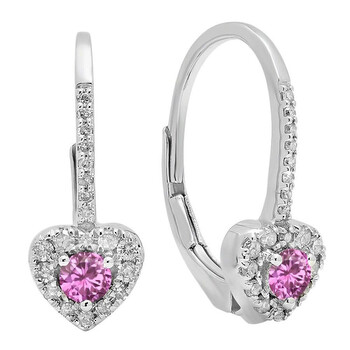 Dazzling Rock Dazzlingrock Collection 10K 3 Mm Each Round Pink Sapphire & White Diamond Ladies Heart Shape Drop Earrings, White Gold 2 Bông tai Dazzling Rock Dazzlingrock Collection 10K 3 Mm Each Round Pink Sapphire & White Diamond Ladies Heart Shape Drop Earrings