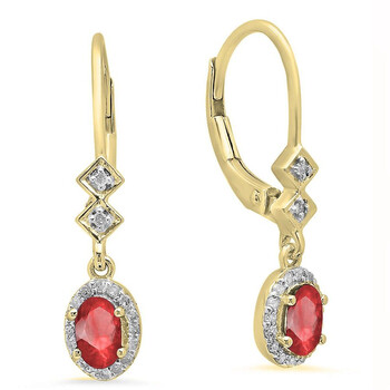 Bông tai Dazzling Rock Dazzlingrock Collection 10K 5X3 Mm Each Oval Ruby & Round White Diamond Ladies Dangling Drop Earrings