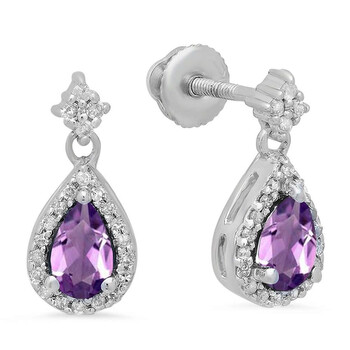 Bông tai Dazzling Rock Dazzlingrock Collection 10K 5X3 Mm Pear Amethyst & Round Diamond Ladies Halo Style Dangling Drop Earrings