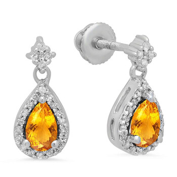 Bông tai Dazzling Rock Dazzlingrock Collection 10K 5X3 Mm Pear Citrine & Round Diamond Ladies Halo Style Dangling Drop Earrings