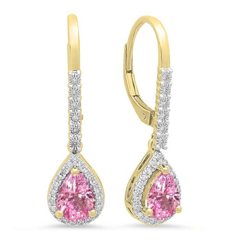 Dazzling Rock Dazzlingrock Collection 10K 7X5 Mm Each Pear Pink Sapphire & Round White Diamond Ladies Dangling Drop Earrings, Yellow Gold 2 Bông tai Dazzling Rock Dazzlingrock Collection 10K 7X5 Mm Each Pear Pink Sapphire & Round White Diamond Ladies Dangling Drop Earrings