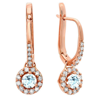 Bông tai Dazzling Rock Dazzlingrock Collection 14K 3 Mm Each Round Aquamarine & White Diamond Ladies Halo Dangling Drop Earrings