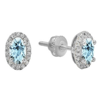 Bông tai Dazzling Rock Dazzlingrock Collection 10K 6X4 Mm Each Oval Aquamarine & Round White Diamond Ladies Halo Stud Earrings