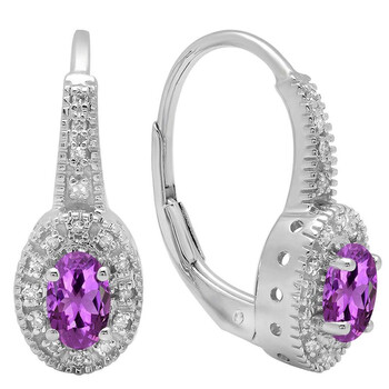 Bông tai Dazzling Rock Dazzlingrock Collection 14K 6X4 Mm Each Oval Amethyst & Round Diamond Ladies Halo Style Hoop Earrings