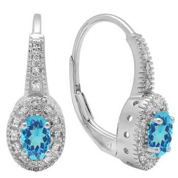 Bông tai Dazzling Rock Dazzlingrock Collection 14K 6X4 Mm Each Oval Blue Topaz & Round Diamond Ladies Halo Style Hoop Earrings