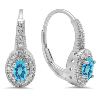 Bông tai Dazzling Rock Dazzlingrock Collection 10K Oval Blue Topaz & Round White Diamond Ladies Halo Style Millgrain Hoop Earrings