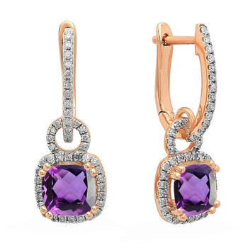 Bông tai Dazzling Rock Dazzlingrock Collection 10K 6 Mm Each Cushion Amethyst & Round White Diamond Ladies Dangling Drop Earrings
