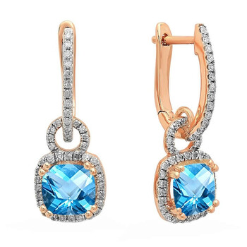 Bông tai Dazzling Rock Dazzlingrock Collection 10K 6 Mm Each Cushion Blue Topaz & Round White Diamond Ladies Dangling Drop Earrings