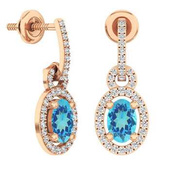 Bông tai Dazzling Rock Dazzlingrock Collection 14K 6X4 Mm Oval Blue Topaz & Round White Diamond Ladies Dangling Drop Earrings