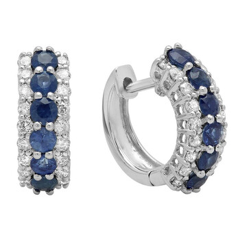Bông tai Dazzling Rock Dazzlingrock Collection 10K Round Blue Sapphire & White Diamond Ladies Huggies Hoop Earrings