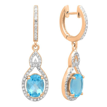 Bông tai Dazzling Rock Dazzlingrock Collection 14K 8X6 Mm Each Oval Blue Topaz & Round White Diamond Ladies Dangling Drop Earrings