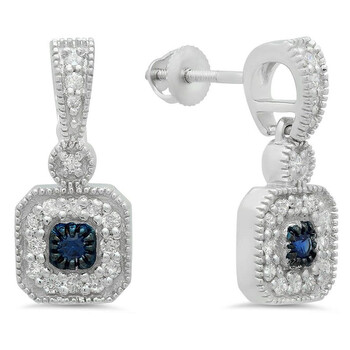 Bông tai Dazzling Rock Dazzlingrock Collection 10K Round Blue Sapphire & White Diamond Ladies Cluster Flower Dangling Drop Earrings